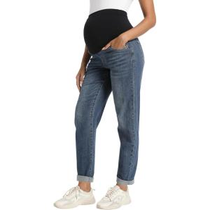 imageFoucome Womens Maternity Jeans Stretchy High Waist Pregnancy Boyfriend Denim PantsVintage Blue
