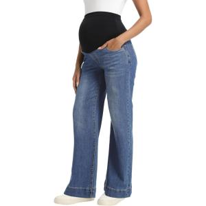 imageFoucome Womens Maternity Jeans Wide Leg Trendy Comfy Stretchy Straight Leg Pregnancy Denim PantsDark Blue