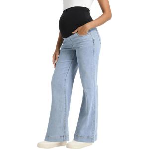 imageFoucome Womens Maternity Jeans Wide Leg Trendy Comfy Stretchy Straight Leg Pregnancy Denim PantsLight Blue