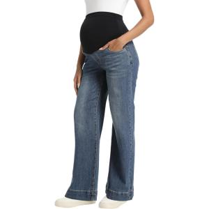 imageFoucome Womens Maternity Jeans Wide Leg Trendy Comfy Stretchy Straight Leg Pregnancy Denim PantsVintage Blue