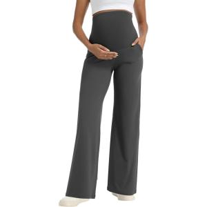 imageFoucome Maternity Pants Wide Leg Yoga Dress Work Pants Loose Stretch Casual Lounge Pregnancy SlacksDark Grey