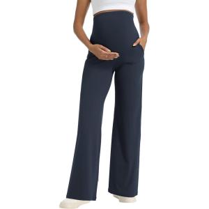 imageFoucome Maternity Pants Wide Leg Yoga Dress Work Pants Loose Stretch Casual Lounge Pregnancy SlacksNavy Blue