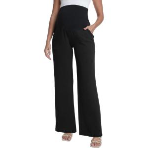 imageFoucome Maternity Pants Over The Belly Flowy Wide Leg Pants Casual Palazzo Beach Trousers with PocketsBlack