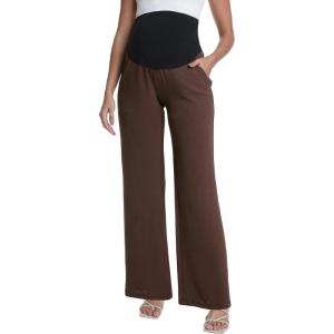 imageFoucome Maternity Pants Over The Belly Flowy Wide Leg Pants Casual Palazzo Beach Trousers with PocketsCoffee