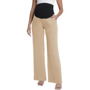 imageFoucome Maternity Pants Over The Belly Flowy Wide Leg Pants Casual Palazzo Beach Trousers with PocketsKhaki