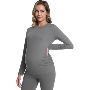 imageFoucome Long Sleeve Maternity Tops Trendy Fitted Crew Neck Pregnancy Shirts Soft Basic Layer Underwear TopDark Grey