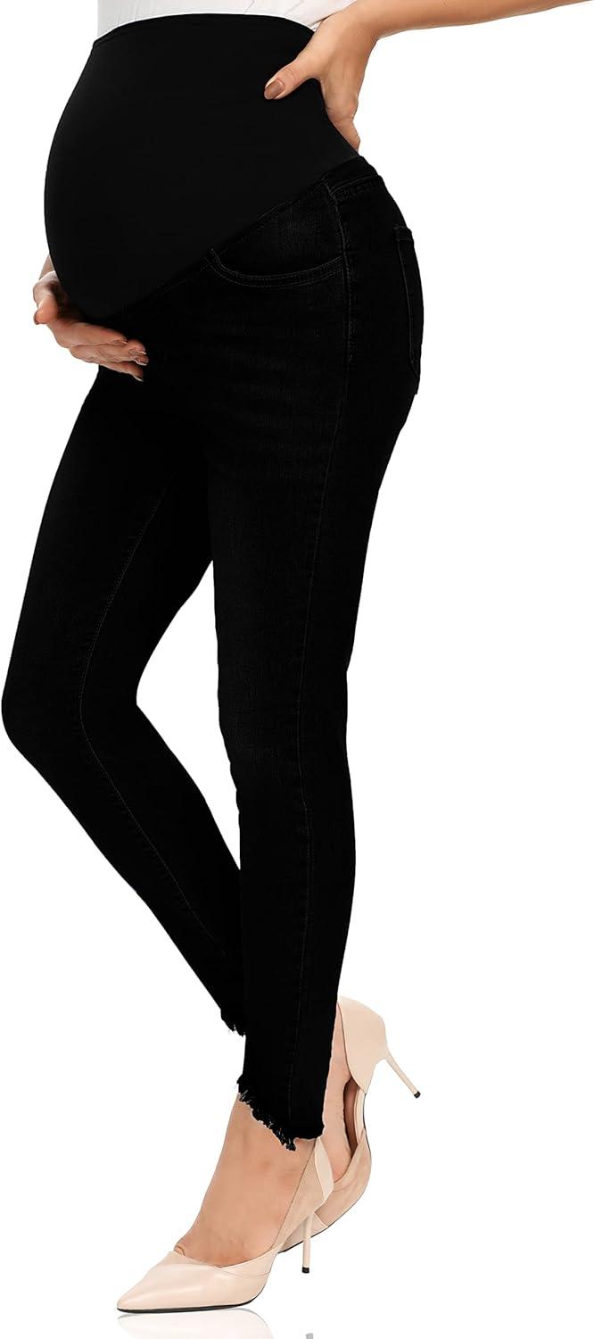imageFoucome Womens Maternity Jeans Over The Belly Comfy Stretch Slim Jeggings Pregnancy Pants with Pockets075  Black