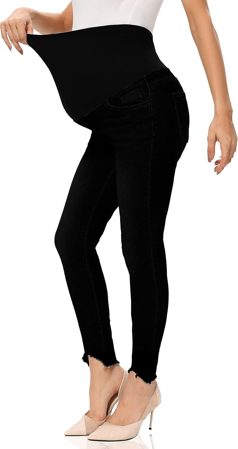 imageFoucome Womens Maternity Jeans Over The Belly Comfy Stretch Slim Jeggings Pregnancy Pants with Pockets075  Black