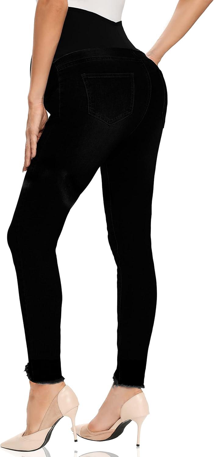 imageFoucome Womens Maternity Jeans Over The Belly Comfy Stretch Slim Jeggings Pregnancy Pants with Pockets075  Black