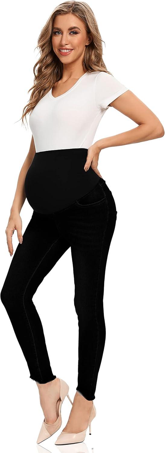 imageFoucome Womens Maternity Jeans Over The Belly Comfy Stretch Slim Jeggings Pregnancy Pants with Pockets075  Black