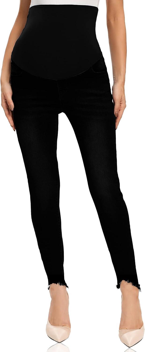 imageFoucome Womens Maternity Jeans Over The Belly Comfy Stretch Slim Jeggings Pregnancy Pants with Pockets075  Black