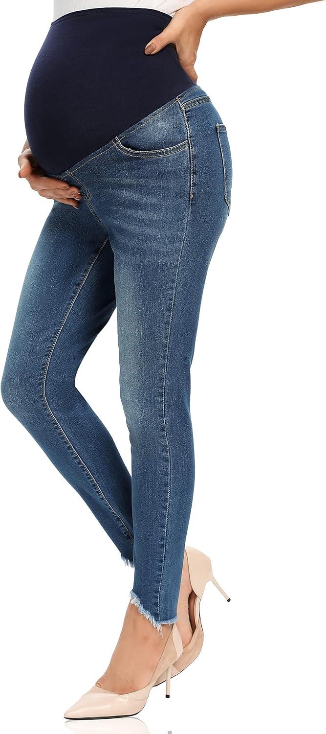 imageFoucome Womens Maternity Jeans Over The Belly Comfy Stretch Slim Jeggings Pregnancy Pants with Pockets075  Indigo Blue