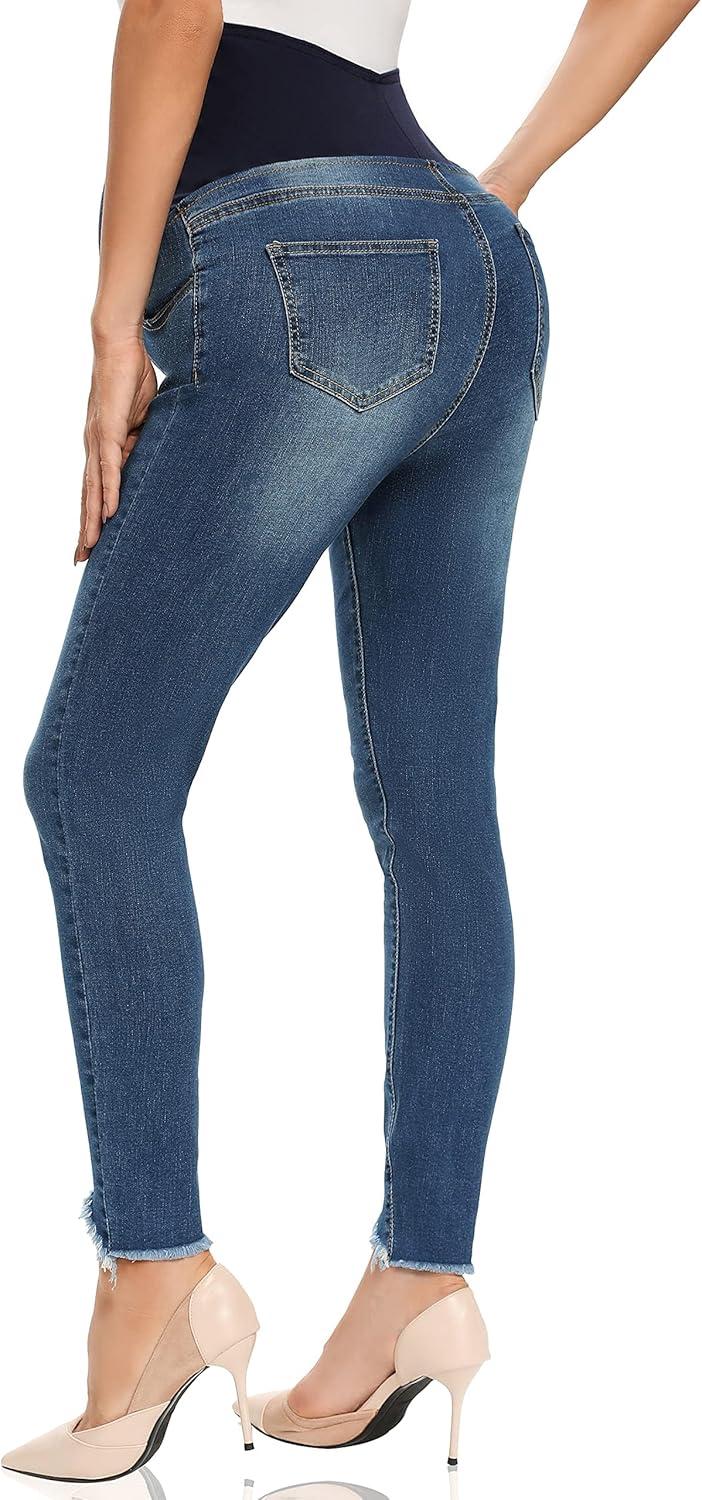 imageFoucome Womens Maternity Jeans Over The Belly Comfy Stretch Slim Jeggings Pregnancy Pants with Pockets075  Indigo Blue
