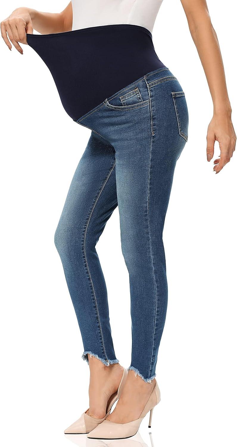 imageFoucome Womens Maternity Jeans Over The Belly Comfy Stretch Slim Jeggings Pregnancy Pants with Pockets075  Indigo Blue
