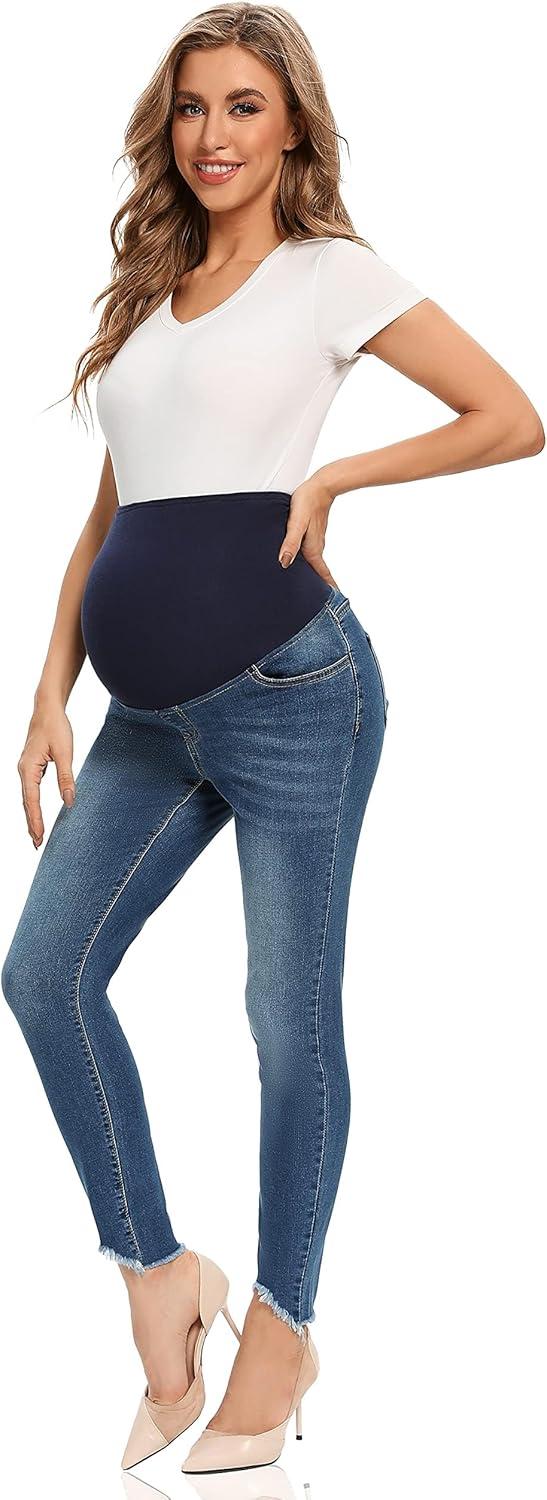 imageFoucome Womens Maternity Jeans Over The Belly Comfy Stretch Slim Jeggings Pregnancy Pants with Pockets075  Indigo Blue