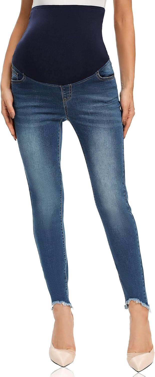 imageFoucome Womens Maternity Jeans Over The Belly Comfy Stretch Slim Jeggings Pregnancy Pants with Pockets075  Indigo Blue