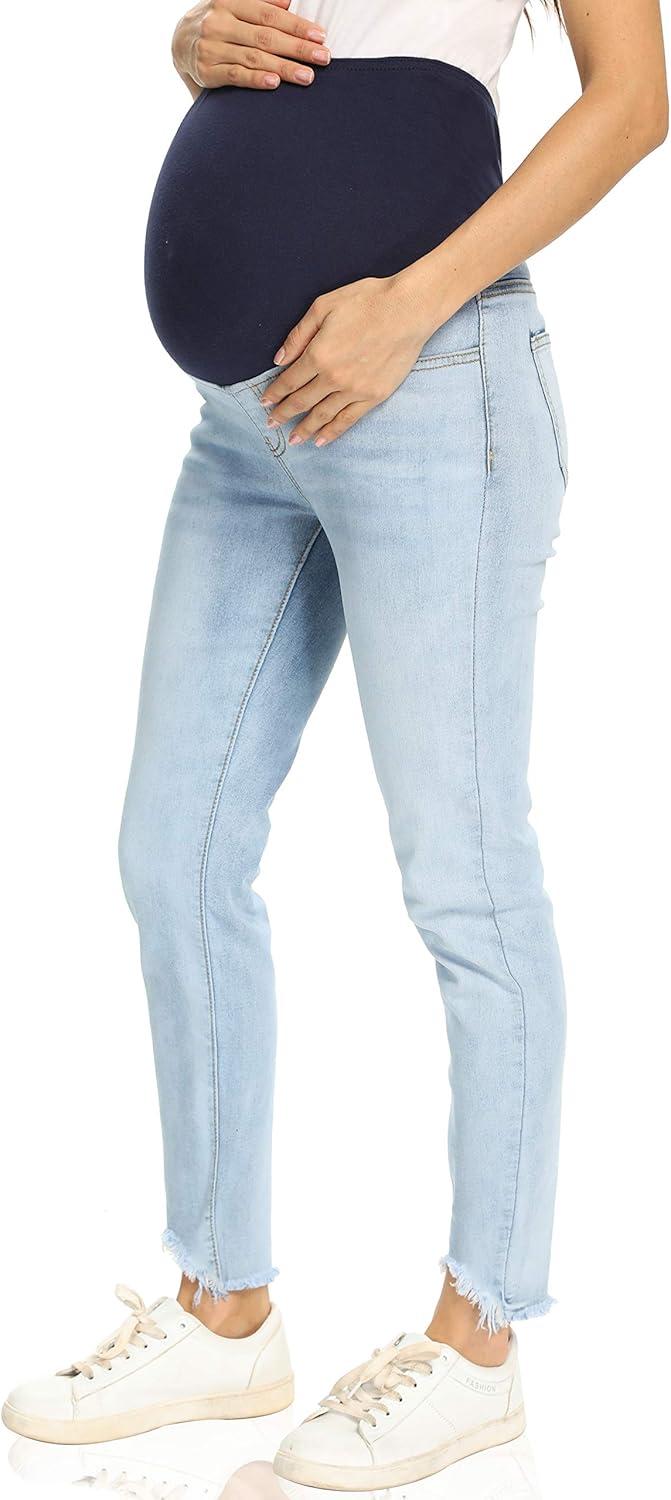 imageFoucome Womens Maternity Jeans Over The Belly Comfy Stretch Slim Jeggings Pregnancy Pants with Pockets075  Light Blue