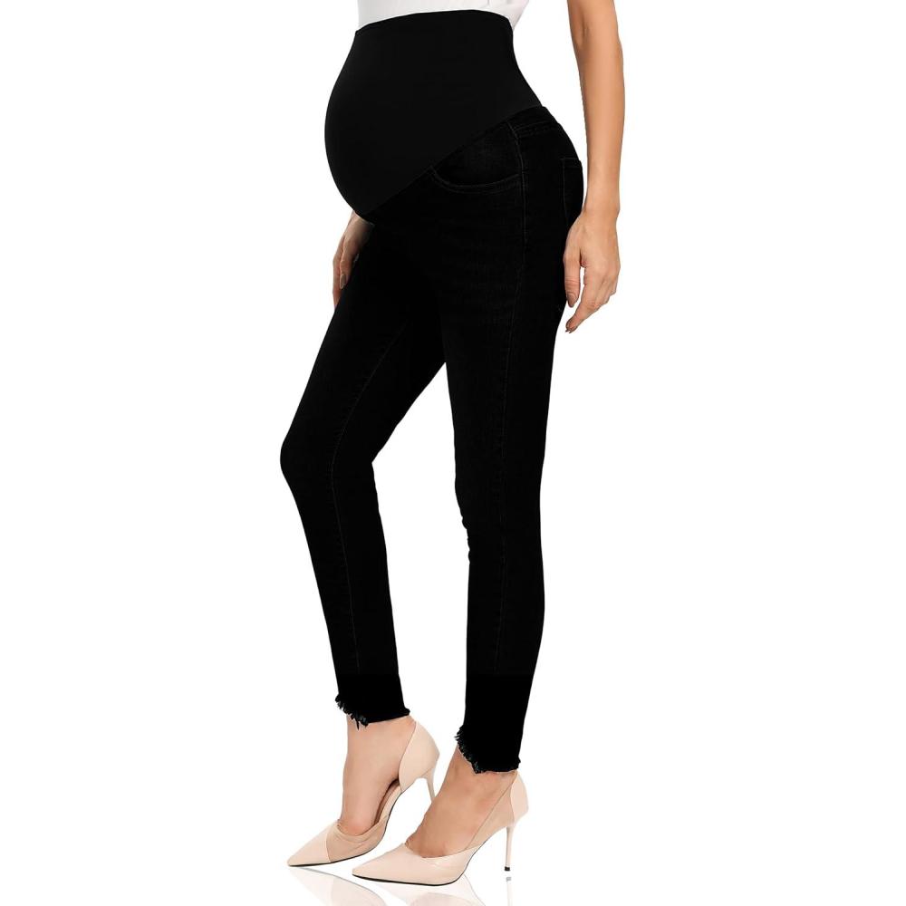 imageFoucome Womens Maternity Jeans Over The Belly Comfy Stretch Slim Jeggings Pregnancy Pants with Pockets075  Black