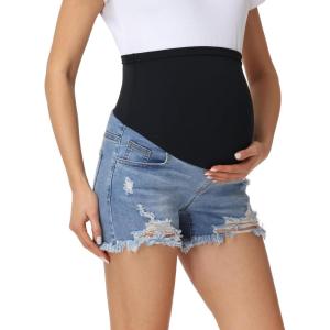 imageFoucome Maternity Jean Shorts Over Belly Stretchy Ripped Pregnancy Denim Shorts with PocketsBlue