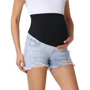 imageFoucome Maternity Jean Shorts Over Belly Stretchy Ripped Pregnancy Denim Shorts with PocketsLight Blue