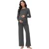 imageFoucome Womens Maternity Pajamas Set 2 Piece Outfits Long Sleeve Tops with Wide Leg Pants Pregnancy Sleepwear SetsGrey