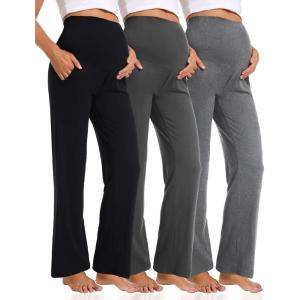 imageFoucome 3 Pack Maternity Pants Loose Cozy Wide Leg Pants Pregnancy Lounge Yoga Work Trousers with PocketsBlackGreyMelange Grey