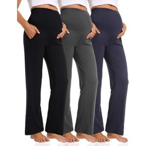 imageFoucome 3 Pack Maternity Pants Loose Cozy Wide Leg Pants Pregnancy Lounge Yoga Work Trousers with PocketsBlackGreyNavy