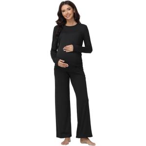 imageFoucome Womens Maternity Pajamas Set 2 Piece Outfits Long Sleeve Tops with Wide Leg Pants Pregnancy Sleepwear SetsBlack