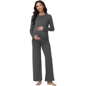 imageFoucome Womens Maternity Pajamas Set 2 Piece Outfits Long Sleeve Tops with Wide Leg Pants Pregnancy Sleepwear SetsGrey