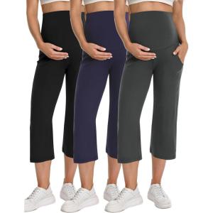 image:imageFoucome 3 Pack Maternity Capris Wide Leg Cropped Yoga Pants Summer Loose Casual Pregnancy Pants with PocketsBlackGreyNavy