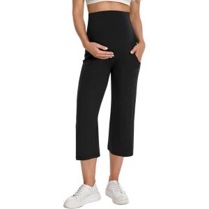 image:imageFoucome Maternity Capris Wide Leg Cropped Yoga Pants Summer Loose Casual Pregnancy Pants with PocketsBlack
