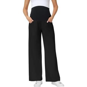 image:imageFoucome Maternity Wide Leg Sweatpants Over Belly Baggy Lounge Travel Pants Pregnancy Straight Leg Sweat PantsBlack