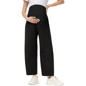 image:imageFoucome Womens Maternity Baggy Barrel Pants Wide Leg Pregnancy Lounge Sweatpants with PocketsBlack