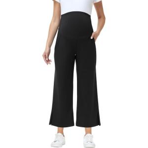 image:imageFoucome Womens Maternity Capris Wide Leg Yoga Sweatpants Loose Pregnancy Casual Lounge Work Cropped PantsBlack