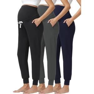 image:imageFoucome Womens Maternity Pants Over Belly Stretchy Drawstring Pregnancy Joggers Sweatpants with PocketsBlackGreyNavy