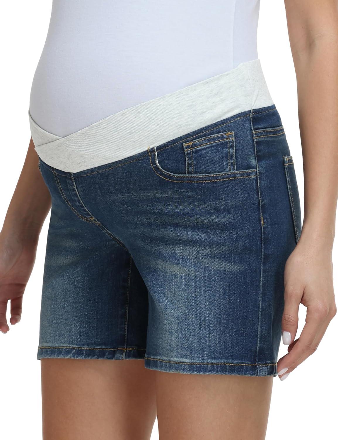 image:imageFoucome Womens Maternity Jean Shorts Under Belly Trendy Stretchy Denim Shorts Summer Pregnancy ShortsVintage Blue