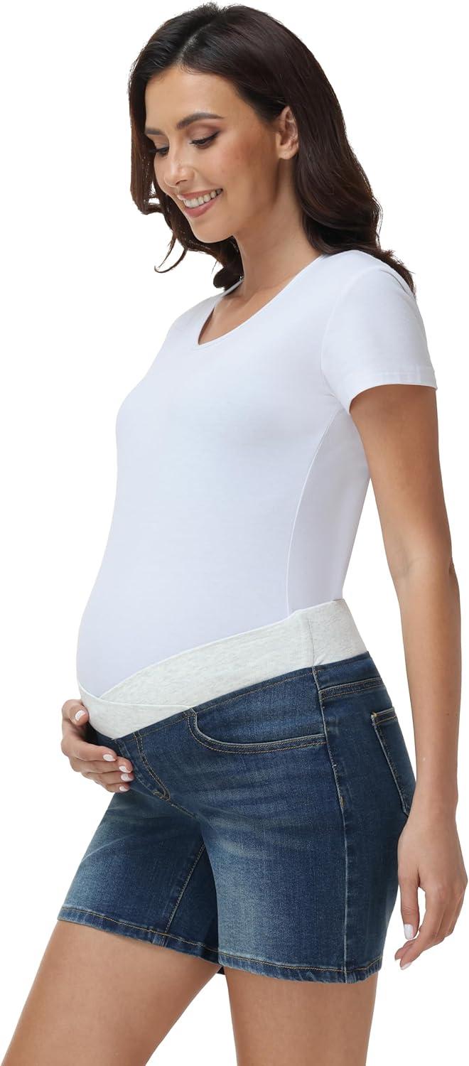 image:imageFoucome Womens Maternity Jean Shorts Under Belly Trendy Stretchy Denim Shorts Summer Pregnancy ShortsVintage Blue