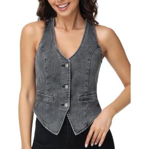 image:imageFoucome Jean Vest Top for Women Sleeveless V Neck Cropped Denim Vest Western Trendy OutfitsGrey