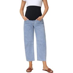 image:imageFoucome Maternity Barrel Jeans Over Belly Comfy Stretch Wide Leg Cropped Baggy Pregnancy Denim PantsLight Blue