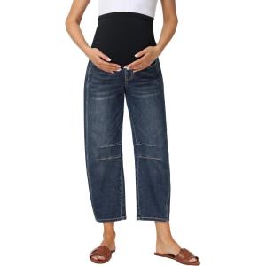 image:imageFoucome Maternity Barrel Jeans Over Belly Comfy Stretch Wide Leg Cropped Baggy Pregnancy Denim PantsVintage Blue