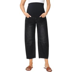 image:imageFoucome Maternity Barrel Jeans Over Belly Comfy Stretch Wide Leg Cropped Baggy Pregnancy Denim PantsWash Black