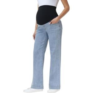 image:imageFoucome Maternity Jeans Over The Belly Wide Leg Jeans Stretch Baggy Pregnancy Denim PantsLight Blue