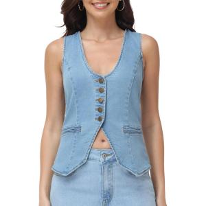 image:imageFoucome Womens Denim Vest Sleeveless Fitted Button Down Jeans Vest Top for Women Summer Trendy Casual WaistcoatBlue