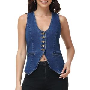 image:imageFoucome Womens Denim Vest Sleeveless Fitted Button Down Jeans Vest Top for Women Summer Trendy Casual WaistcoatDark Blue