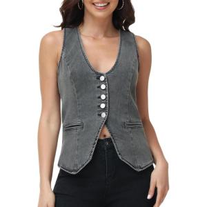 image:imageFoucome Womens Denim Vest Sleeveless Fitted Button Down Jeans Vest Top for Women Summer Trendy Casual WaistcoatGrey