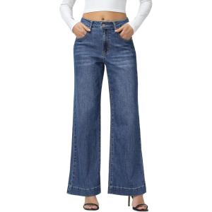 image:imageFoucome Womens Flare Jeans High Waisted Bell Bottom Jeans for Women Stretch Baggy Wide Leg Denim PantsDark Blue