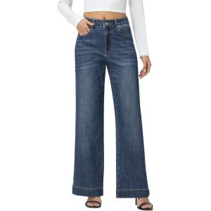 image:imageFoucome Womens Flare Jeans High Waisted Bell Bottom Jeans for Women Stretch Baggy Wide Leg Denim PantsVintage Blue