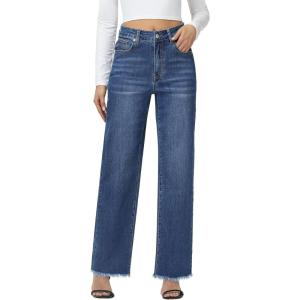 image:imageFoucome Womens Jeans High Waisted Straight Leg Jeans for Women Stretchy Frayed Raw Hem Baggy Denim PantsDark Blue