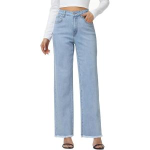 image:imageFoucome Womens Jeans High Waisted Straight Leg Jeans for Women Stretchy Frayed Raw Hem Baggy Denim PantsLight Blue