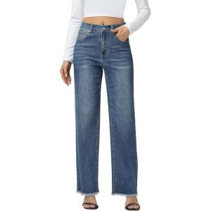image:imageFoucome Womens Jeans High Waisted Straight Leg Jeans for Women Stretchy Frayed Raw Hem Baggy Denim PantsVintage Blue